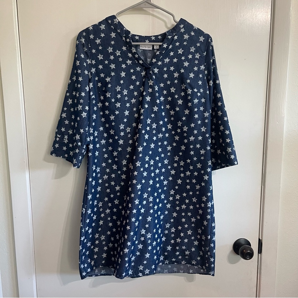 Kim Rogers Women’s Blue with White Stars 3/4 Sleeve Dress Size Small
